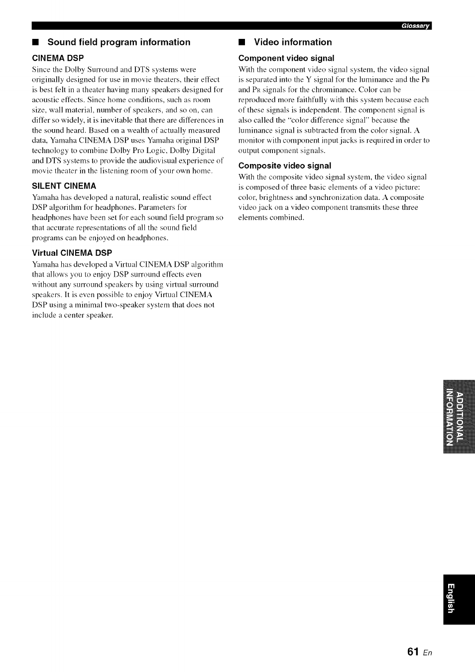 Sound field program information cinema dsp, Silent cinema, Virtual cinema dsp | Video information, Component video signal, Composite video signal | Yamaha OWNER'S MANUAL HTR-6130 User Manual | Page 65 / 77