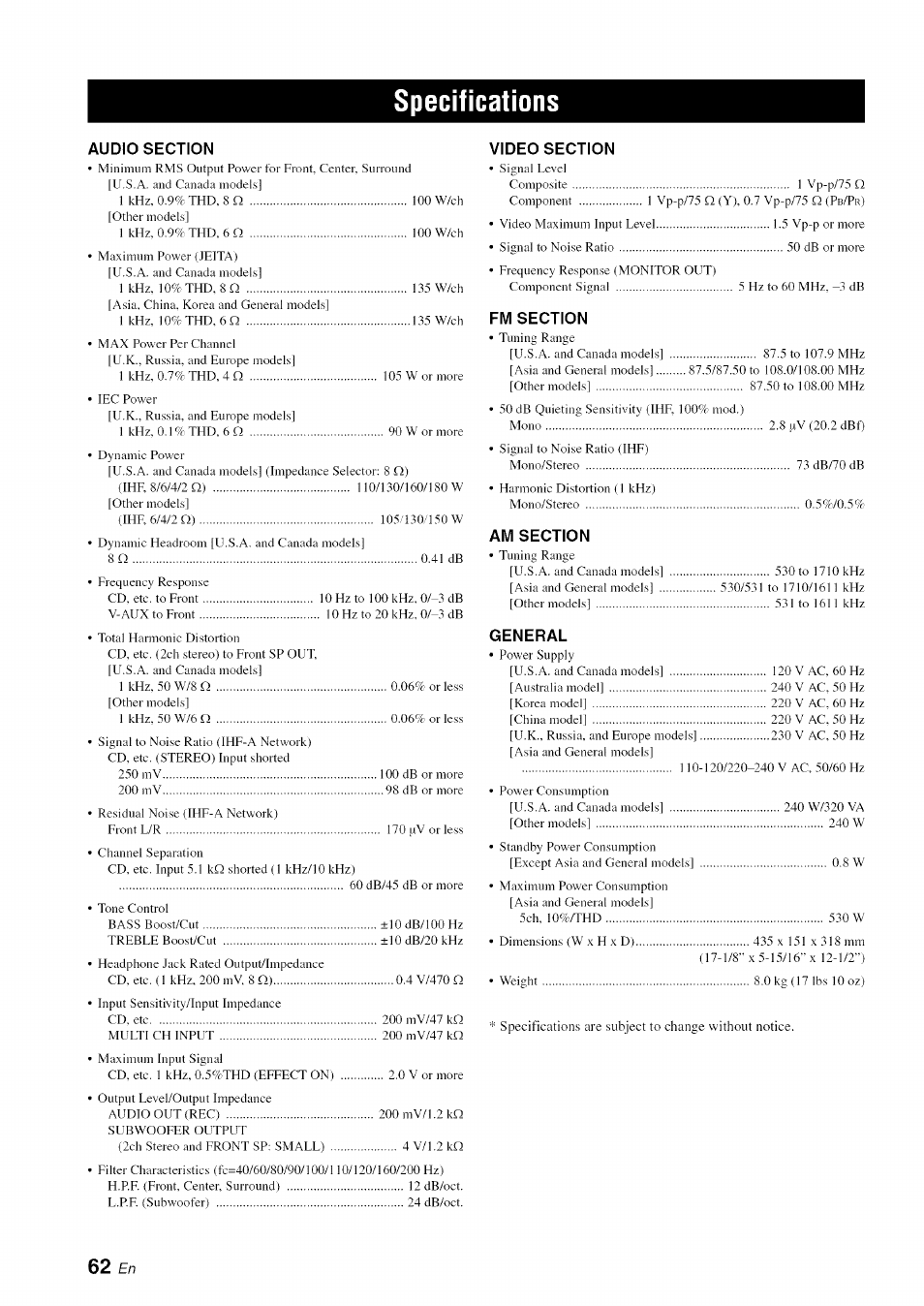 Specifications, Audio section, Video section | Fm section, Am section, General | Yamaha OWNER'S MANUAL HTR-6130 User Manual | Page 66 / 77