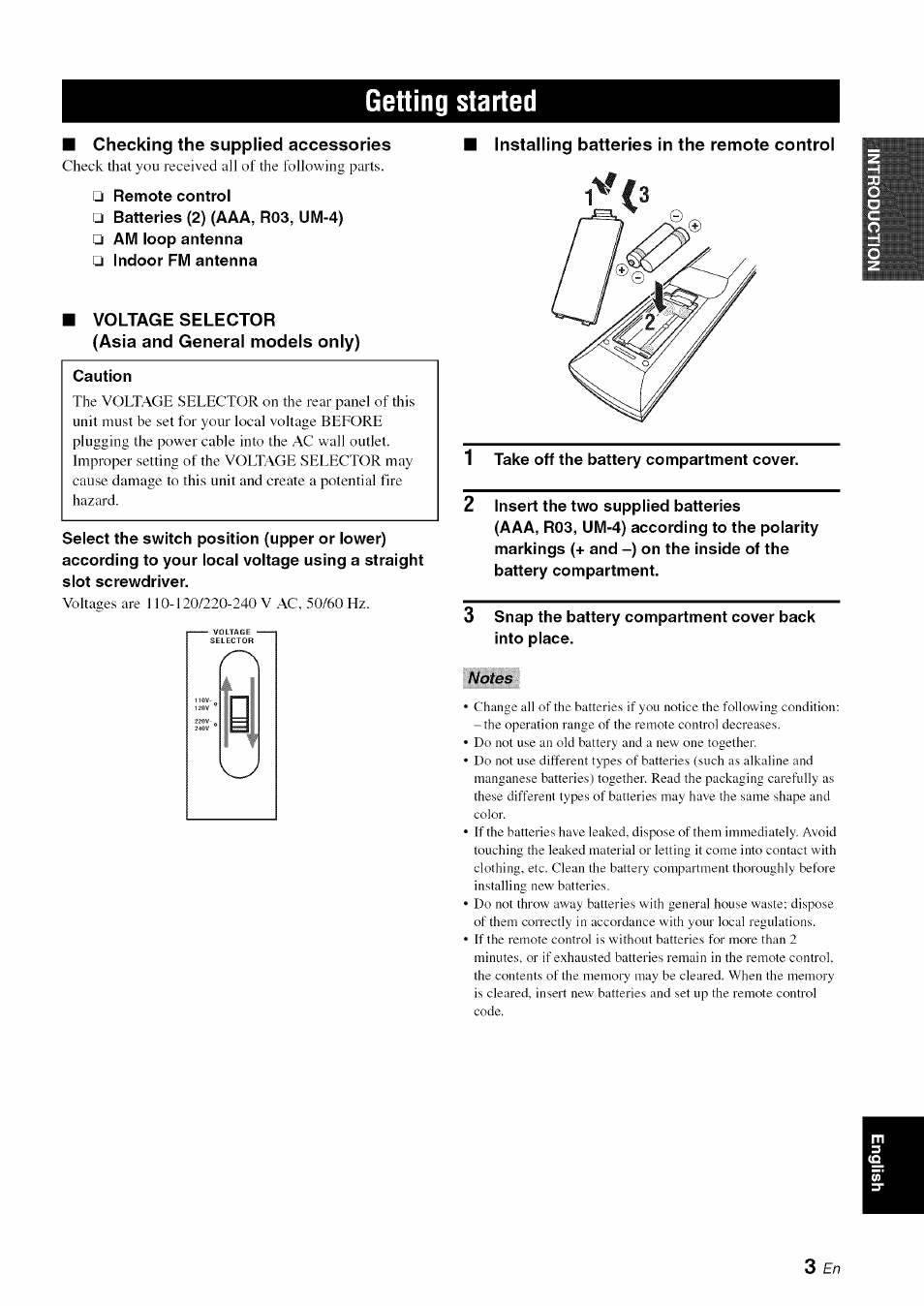 Getting started, Checking the supplied accessories, Voltage selector | Asia and general models only), Installing batteries in the remote control | Yamaha OWNER'S MANUAL HTR-6130 User Manual | Page 7 / 77