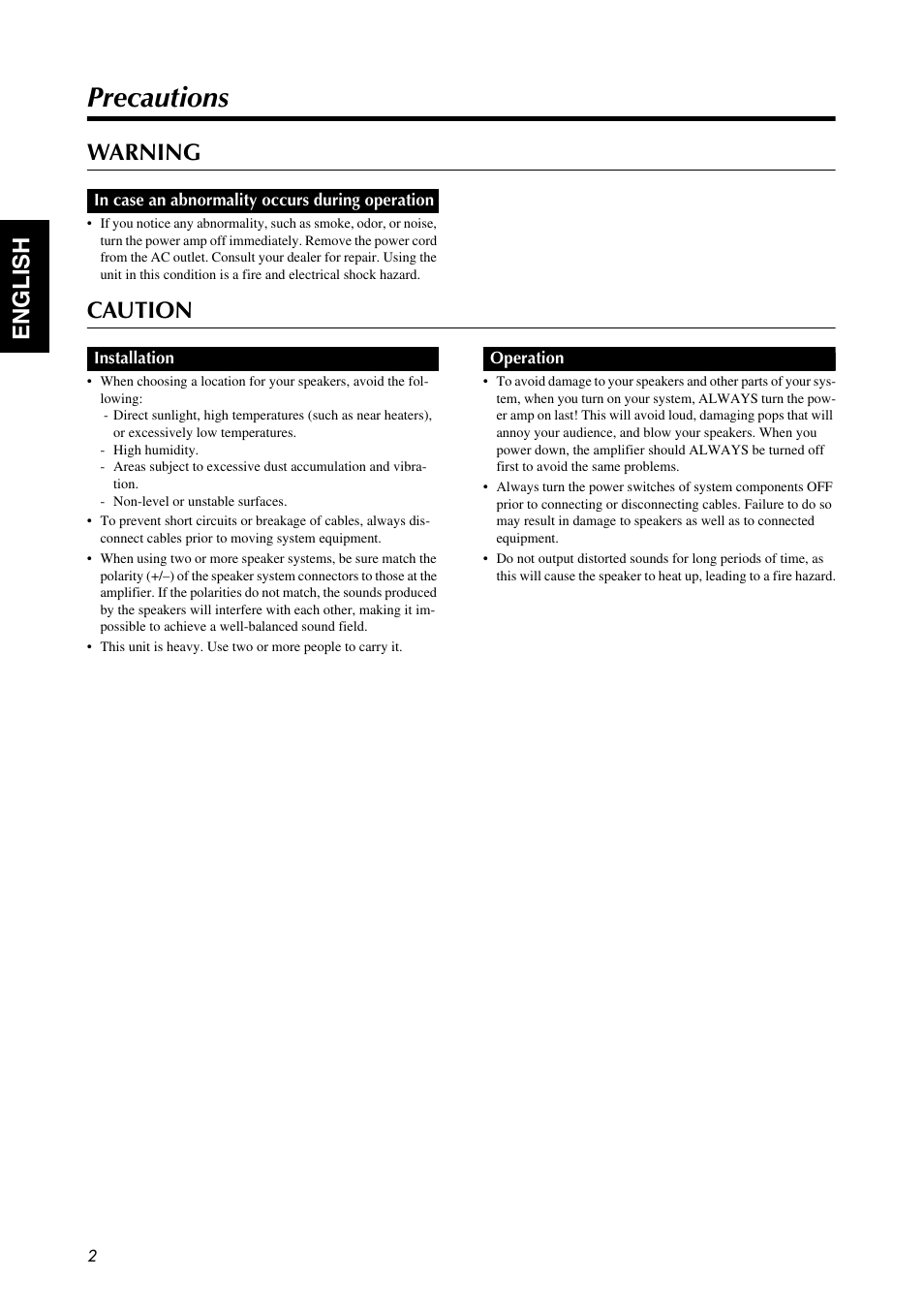 Precautions, English, Warning | Caution | Yamaha R112C User Manual | Page 2 / 16