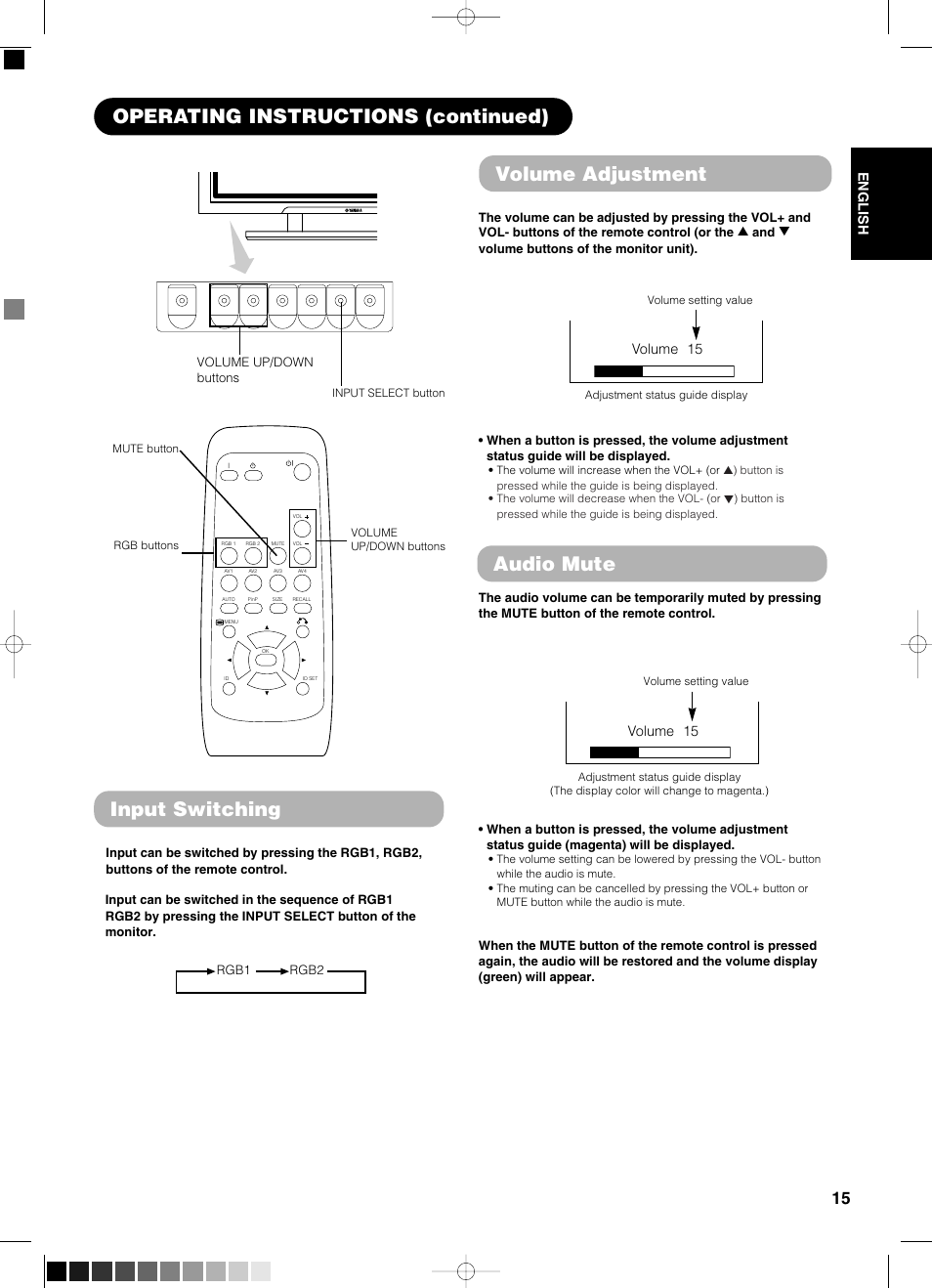 Input switching, Volume adjustment, Audio mute | Operating instructions (continued) audio mute | Yamaha pdm-4210 User Manual | Page 17 / 52