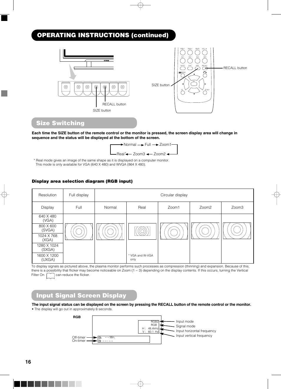 Size switching, Input signal screen display, Operating instructions (continued) | Display area selection diagram (rgb input) | Yamaha pdm-4210 User Manual | Page 18 / 52