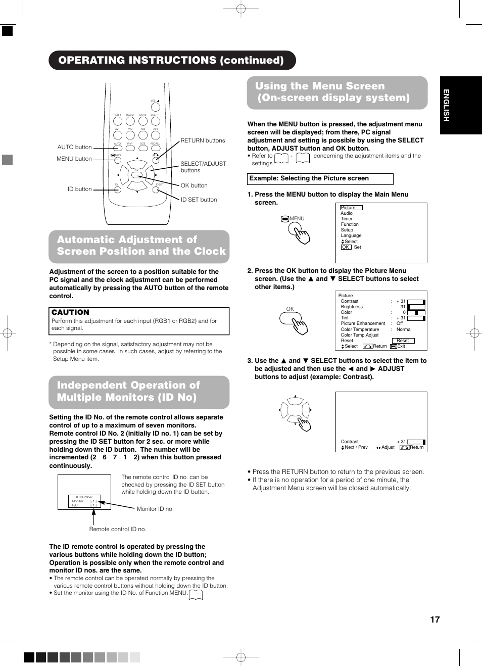 Independent operation of multiple monitors (id no), Using the menu screen (on-screen display system), English | Caution | Yamaha pdm-4210 User Manual | Page 19 / 52