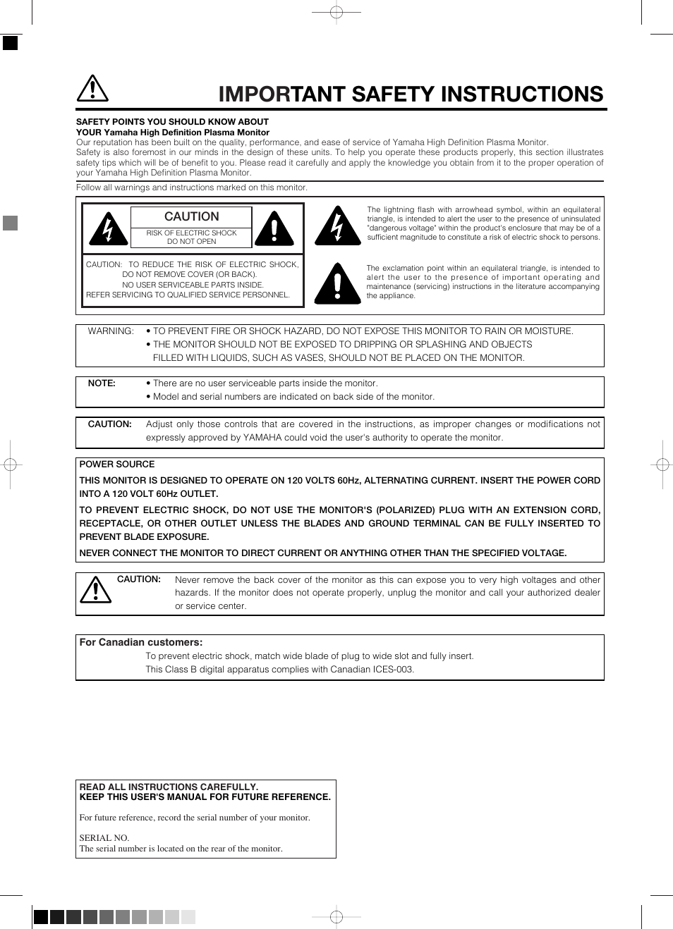 Important safety instructions, Impor tant safety instructions, Caution | Yamaha pdm-4210 User Manual | Page 2 / 52