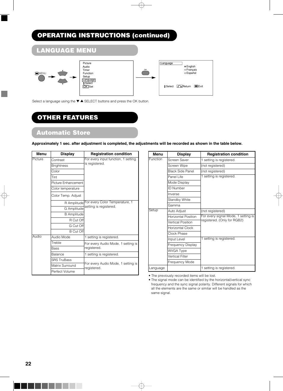 Language menu, Other features, Automatic store | Operating instructions (continued) language menu, Other features automatic store | Yamaha pdm-4210 User Manual | Page 24 / 52