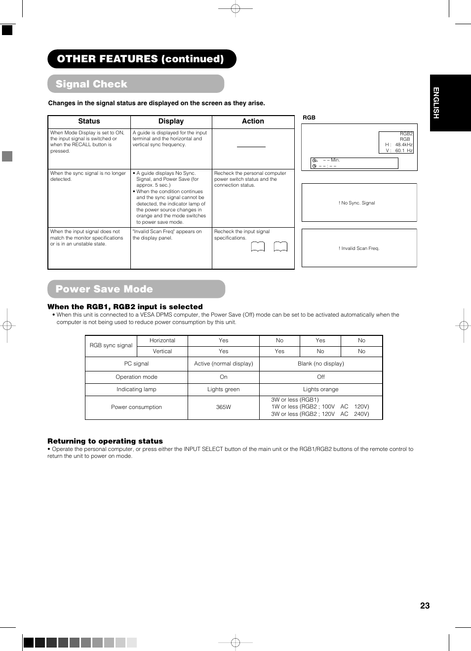 Signal check, Power save mode, Other features (continued) | Yamaha pdm-4210 User Manual | Page 25 / 52