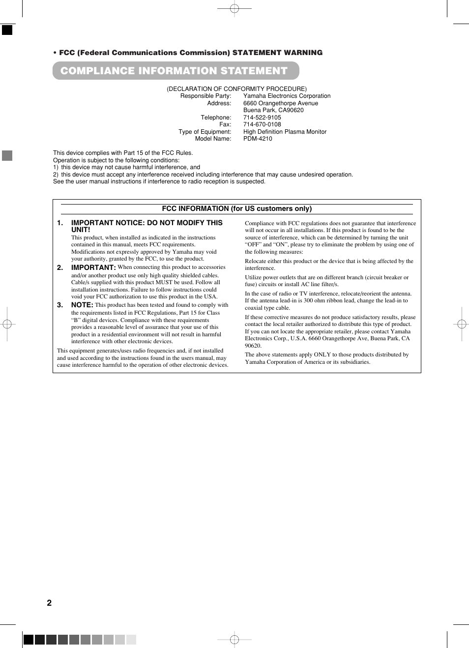 Compliance information statement | Yamaha pdm-4210 User Manual | Page 4 / 52