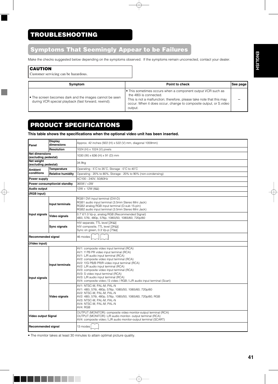 Troubleshooting, Symptoms that seemingly appear to be failures, Product specifications | Yamaha pdm-4210 User Manual | Page 43 / 52