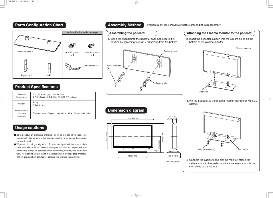 Usage cautions dimension diagram, Assembly method, Product specifications parts configuration chart | Yamaha pdm-4210 User Manual | Page 51 / 52