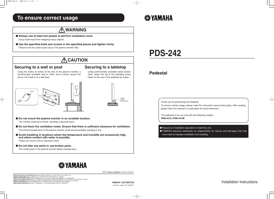 Pds-242, Caution warning, Pedestal | Securing to a wall or post securing to a tabletop, Installation instructions | Yamaha pdm-4210 User Manual | Page 52 / 52