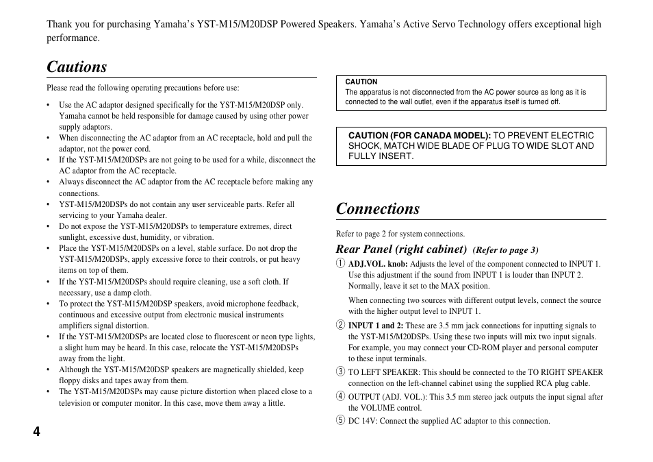 Cautions, Connections, Rear panel (right cabinet) | Yamaha YST-M20DSP User Manual | Page 4 / 7