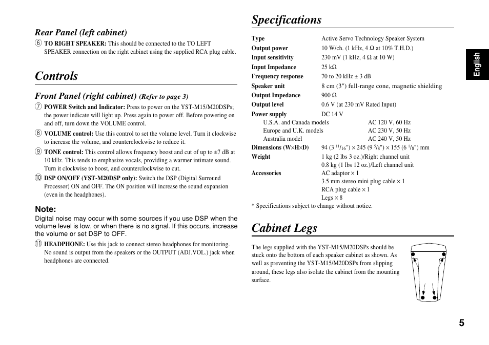 Controls, Specifications, Cabinet legs | Rear panel (left cabinet), Front panel (right cabinet) | Yamaha YST-M20DSP User Manual | Page 5 / 7