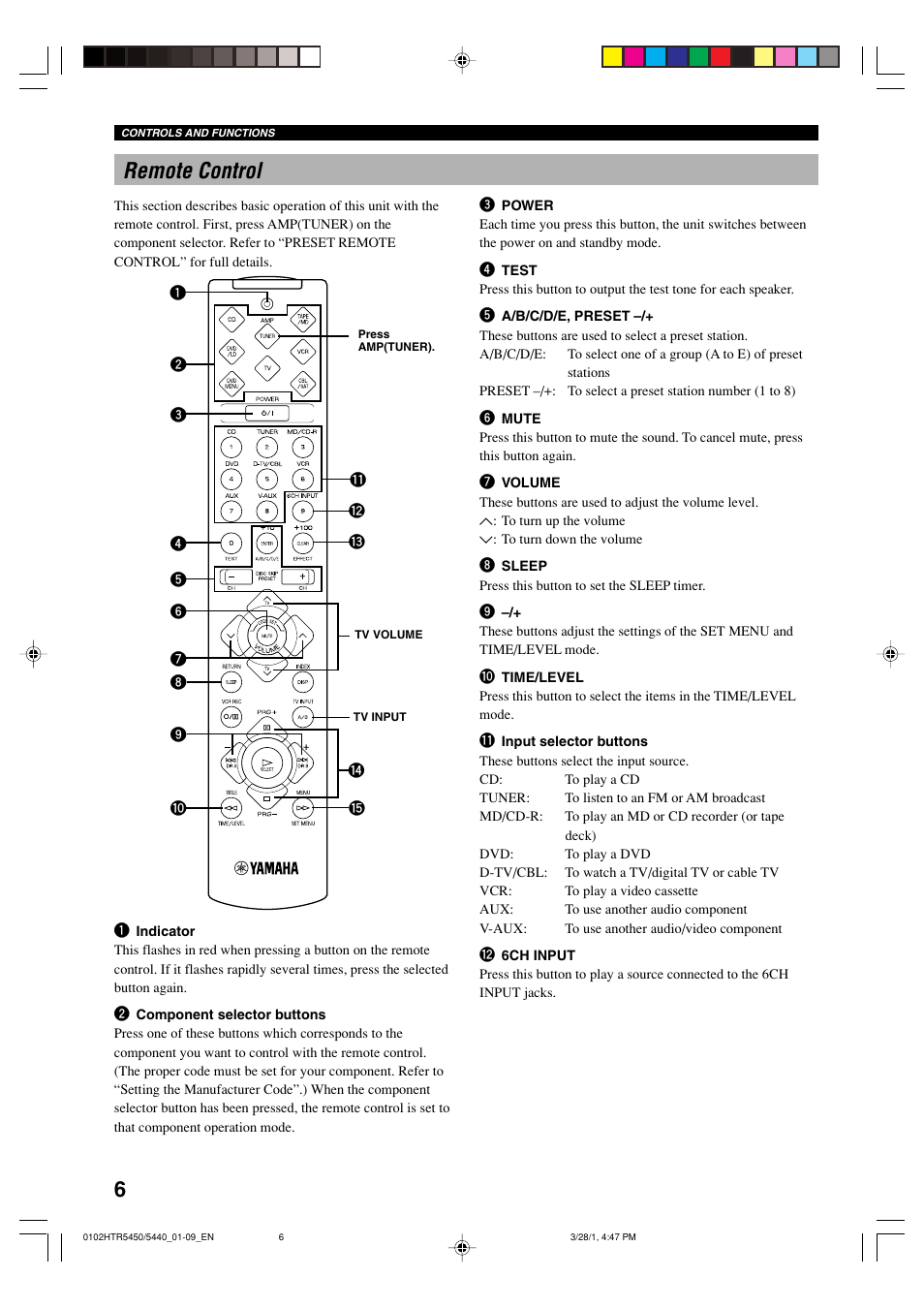 Remote control, 6remote control | Yamaha HTR-5440 User Manual | Page 10 / 69