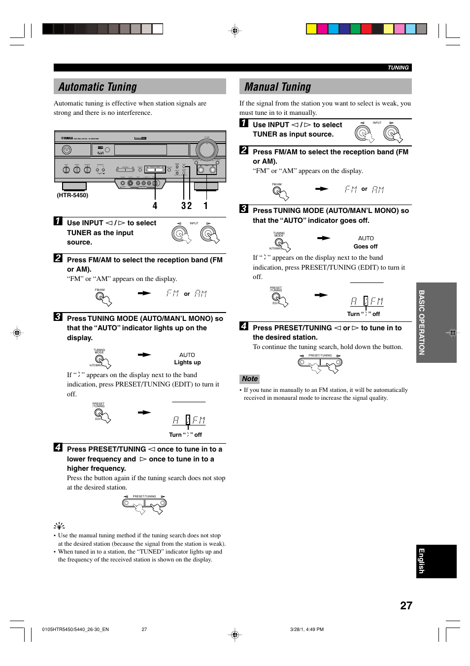 Automatic tuning, Manual tuning, Use input l / h to select tuner as input source | Yamaha HTR-5440 User Manual | Page 31 / 69