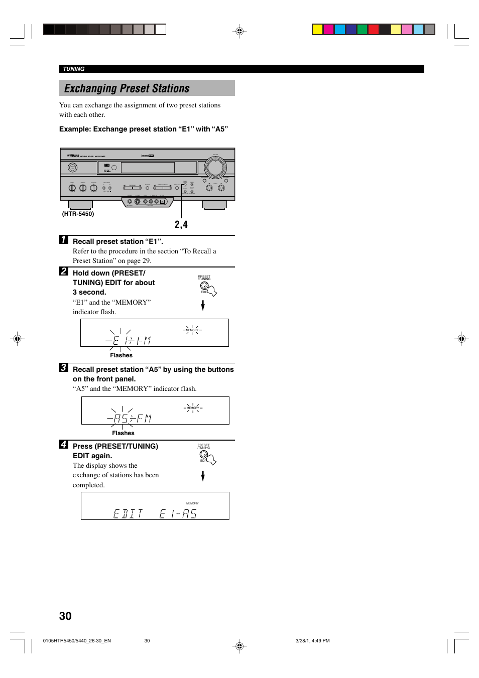Exchanging preset stations, Flashes, Flashes (htr-5450) | Tuning | Yamaha HTR-5440 User Manual | Page 34 / 69