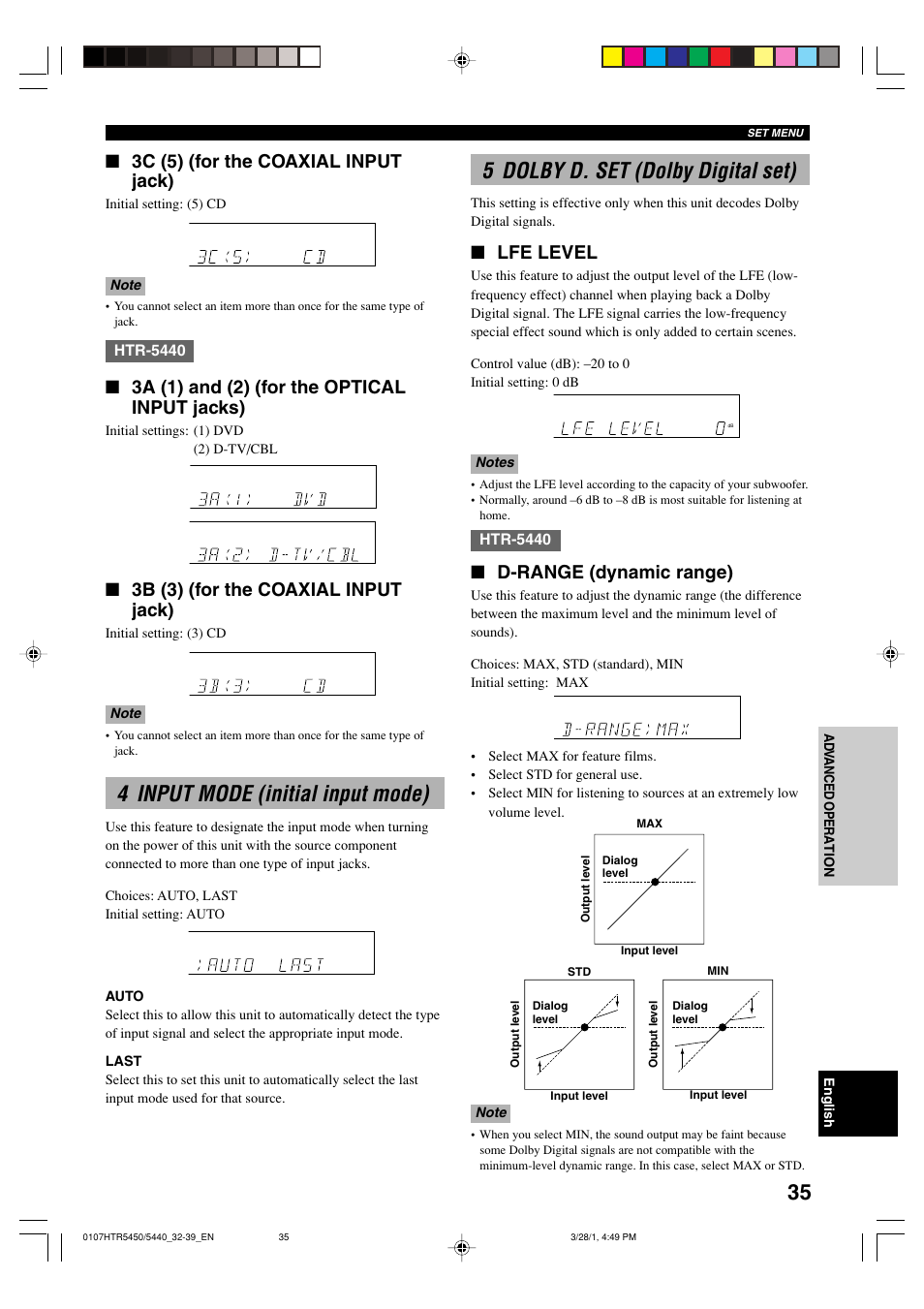 4 input mode (initial input mode), 5 dolby d. set (dolby digital set), 3c (5) (for the coaxial input jack) | 3a (1) and (2) (for the optical input jacks), 3b (3) (for the coaxial input jack), Lfe level, D-range (dynamic range) | Yamaha HTR-5440 User Manual | Page 39 / 69