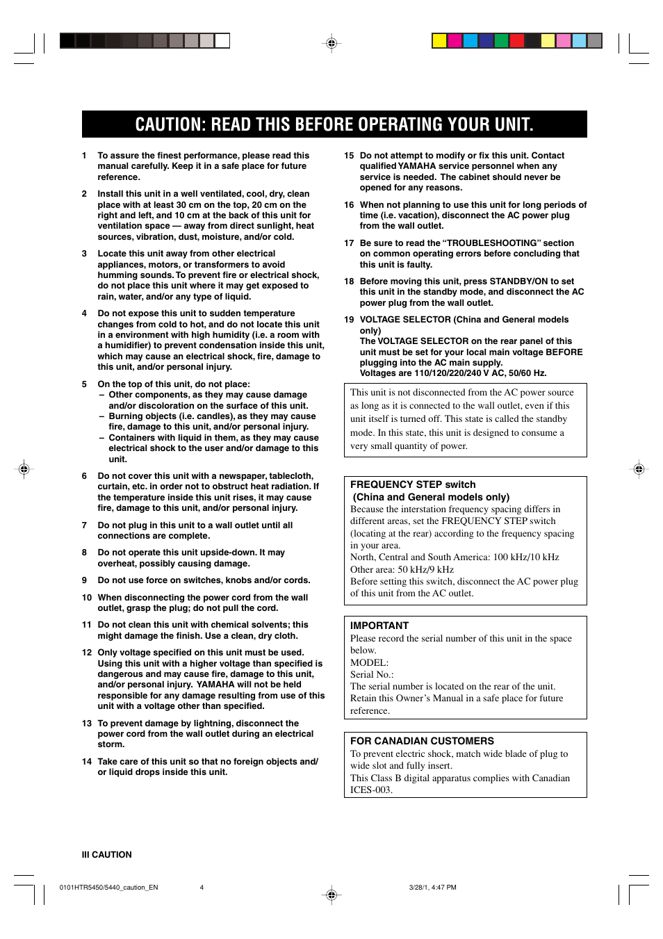 Caution, Caution: read this before operating your unit | Yamaha HTR-5440 User Manual | Page 4 / 69