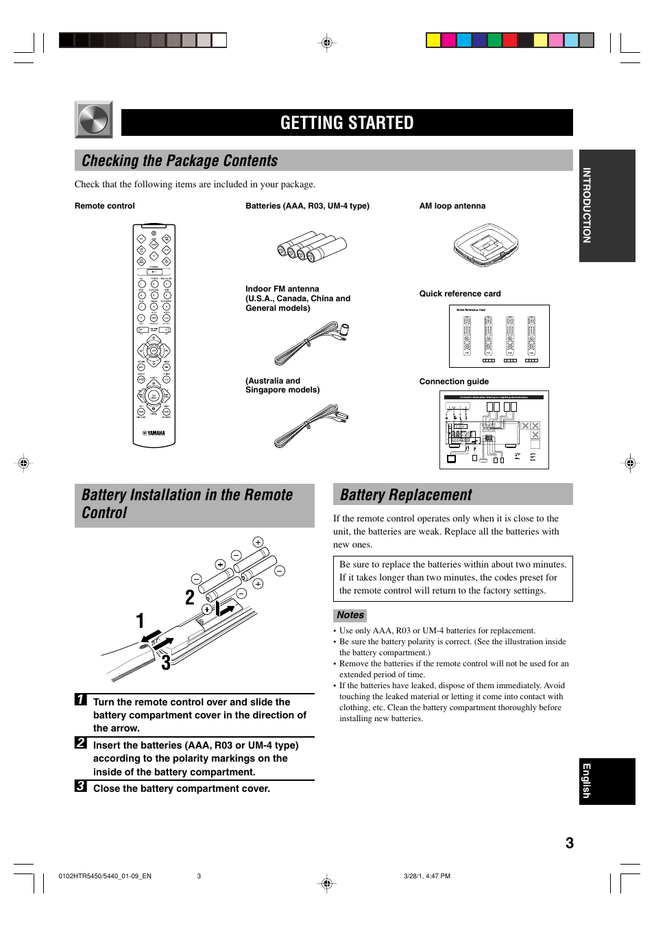 Getting started, Checking the package contents, Battery installation in the remote control | Battery replacement, Battery installation in the remote control 1 | Yamaha HTR-5440 User Manual | Page 7 / 69