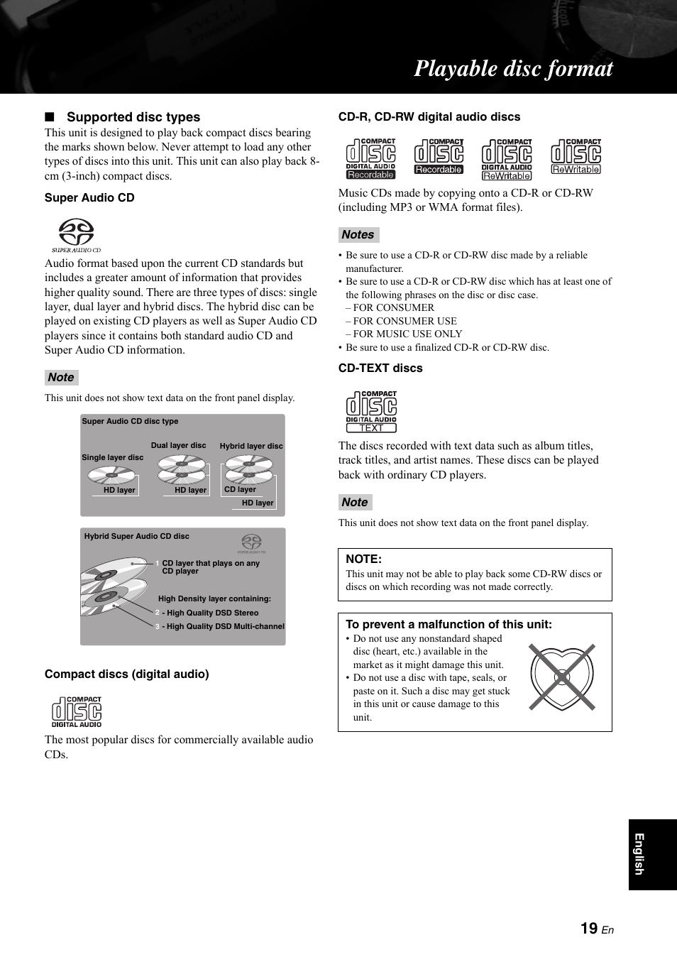 Playable disc format, Supported disc types | Yamaha CD-S2000 User Manual | Page 19 / 29