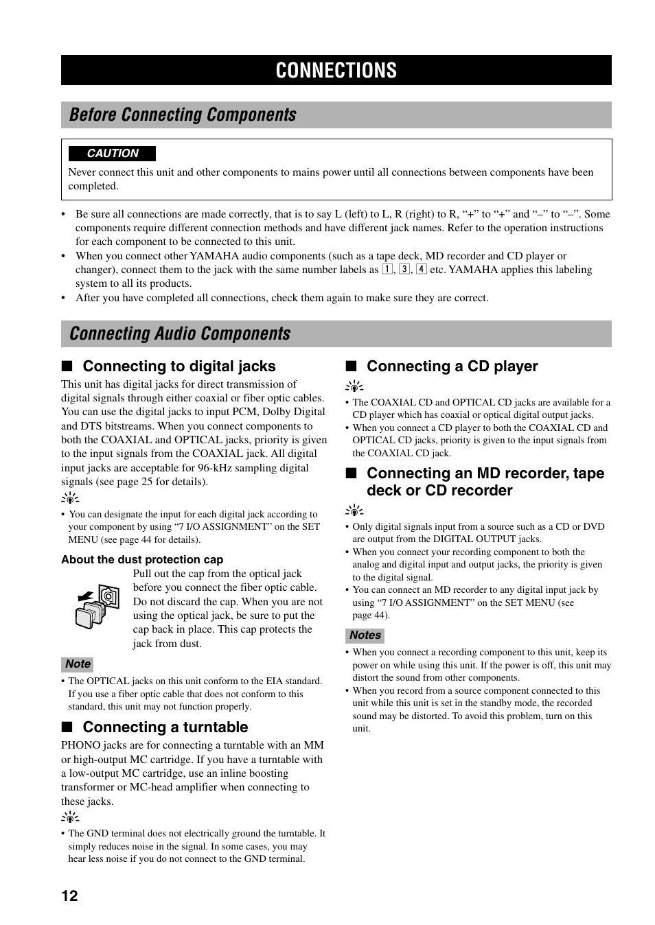 Connections, Before connecting components, Connecting audio components | Connecting to digital jacks, Connecting a turntable, Connecting a cd player y | Yamaha RX-V800RDS User Manual | Page 14 / 83