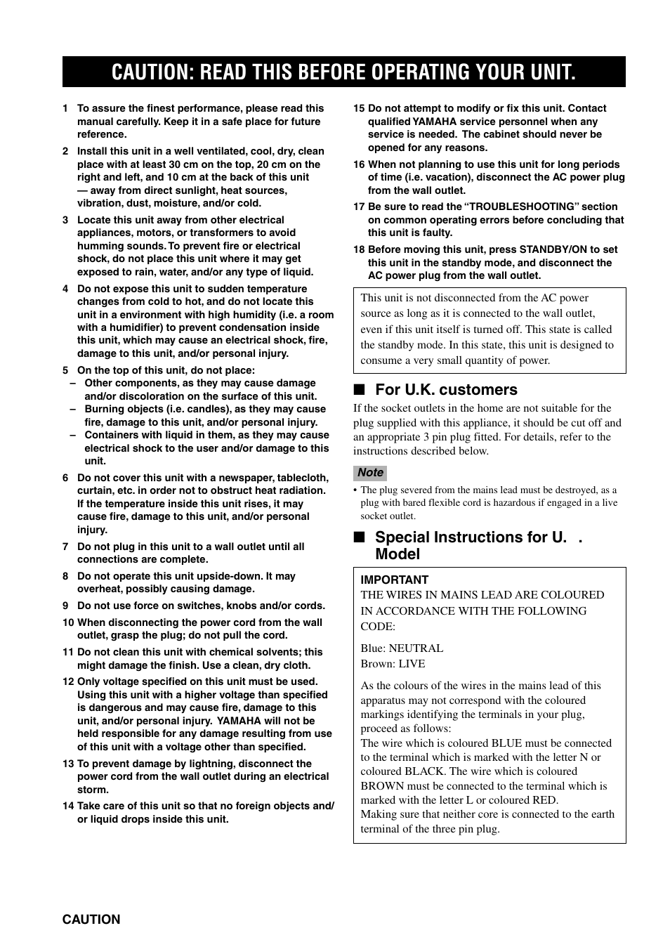 English, Caution: read this before operating your unit, For u.k. customers | Special instructions for u. k . model | Yamaha RX-V800RDS User Manual | Page 2 / 83