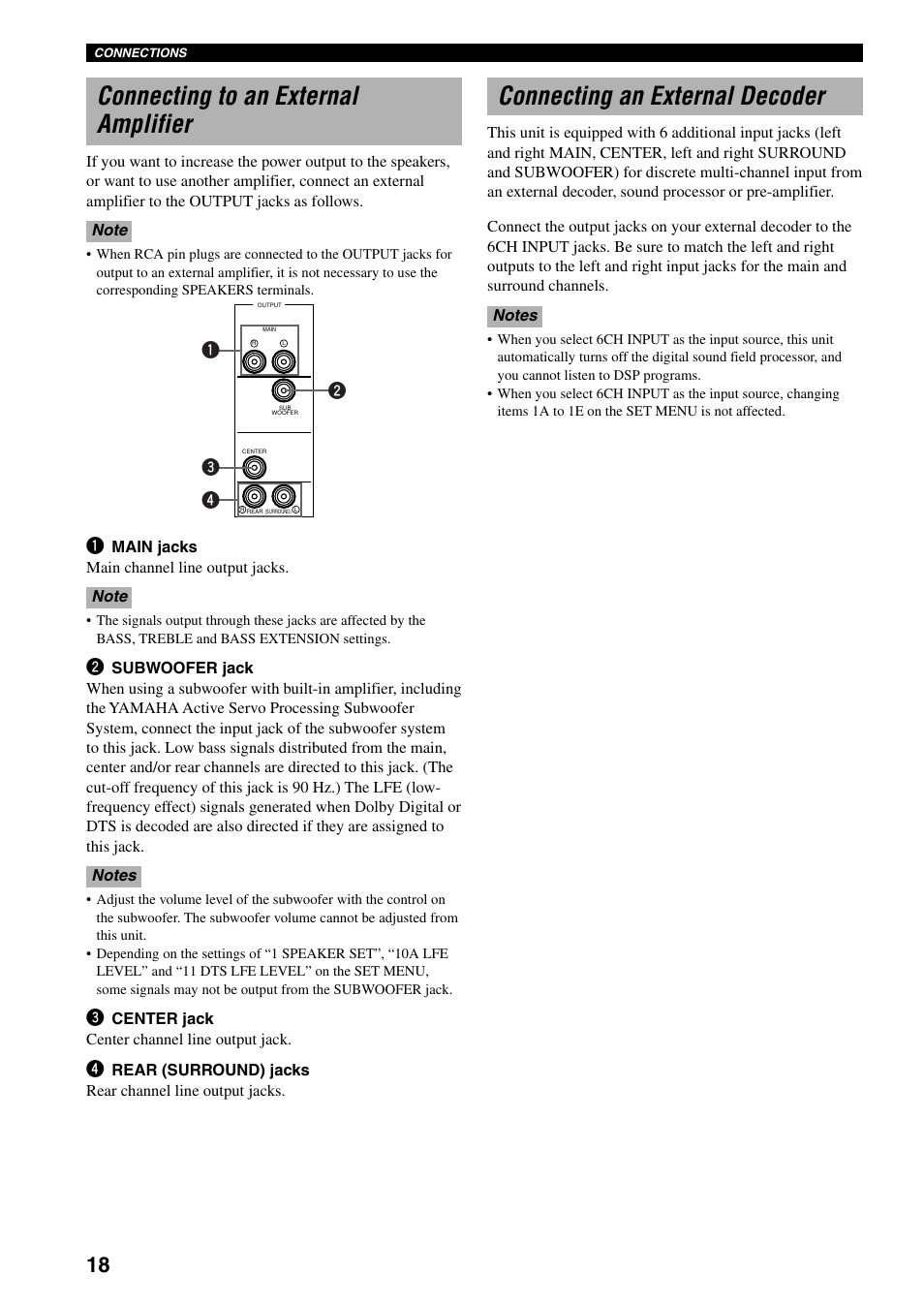 Connecting to an external amplifier, Connecting an external decoder | Yamaha RX-V800RDS User Manual | Page 20 / 83