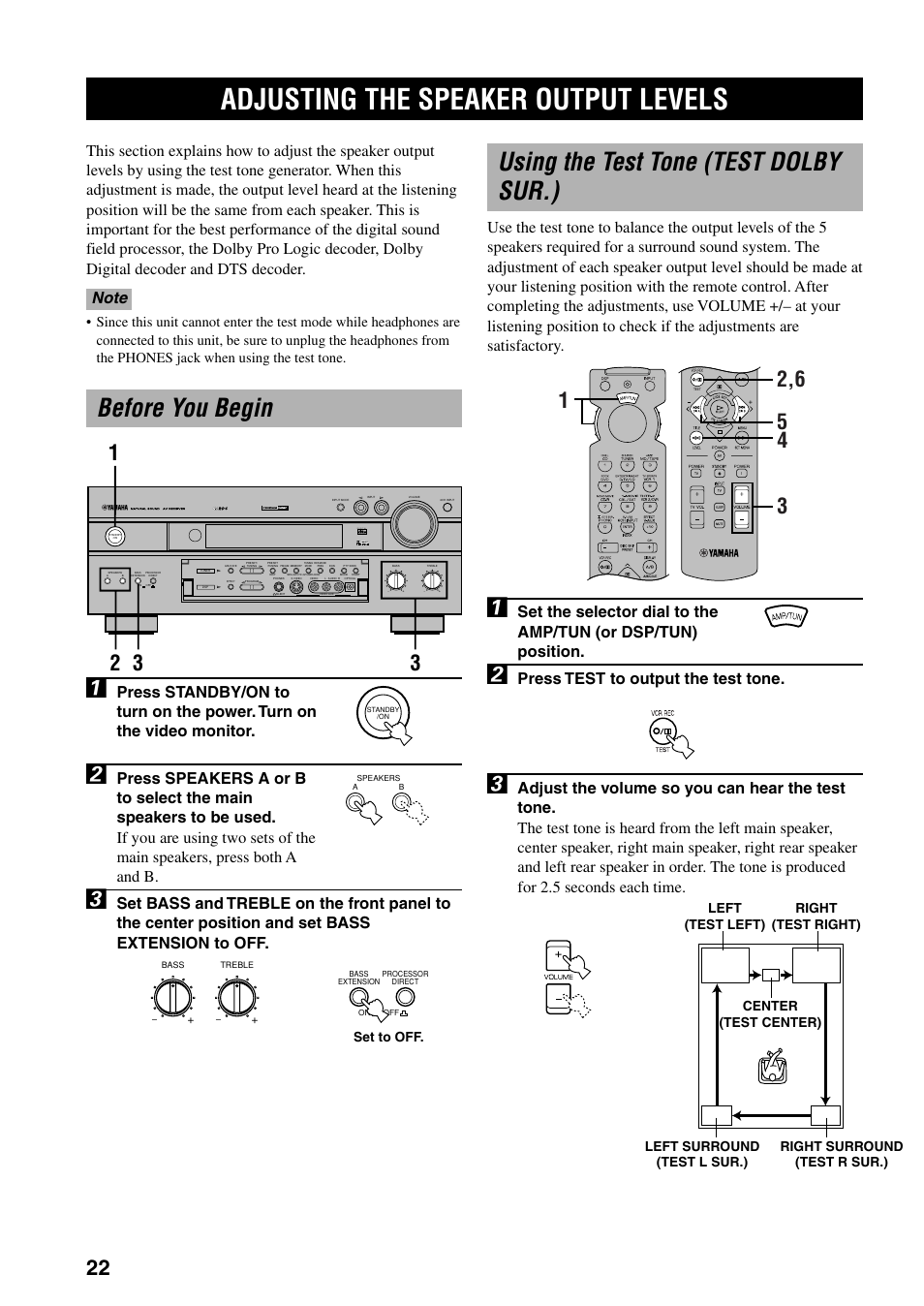 Adjusting the speaker output levels, Before you begin, Using the test tone (test dolby sur.) | Press test to output the test tone | Yamaha RX-V800RDS User Manual | Page 24 / 83