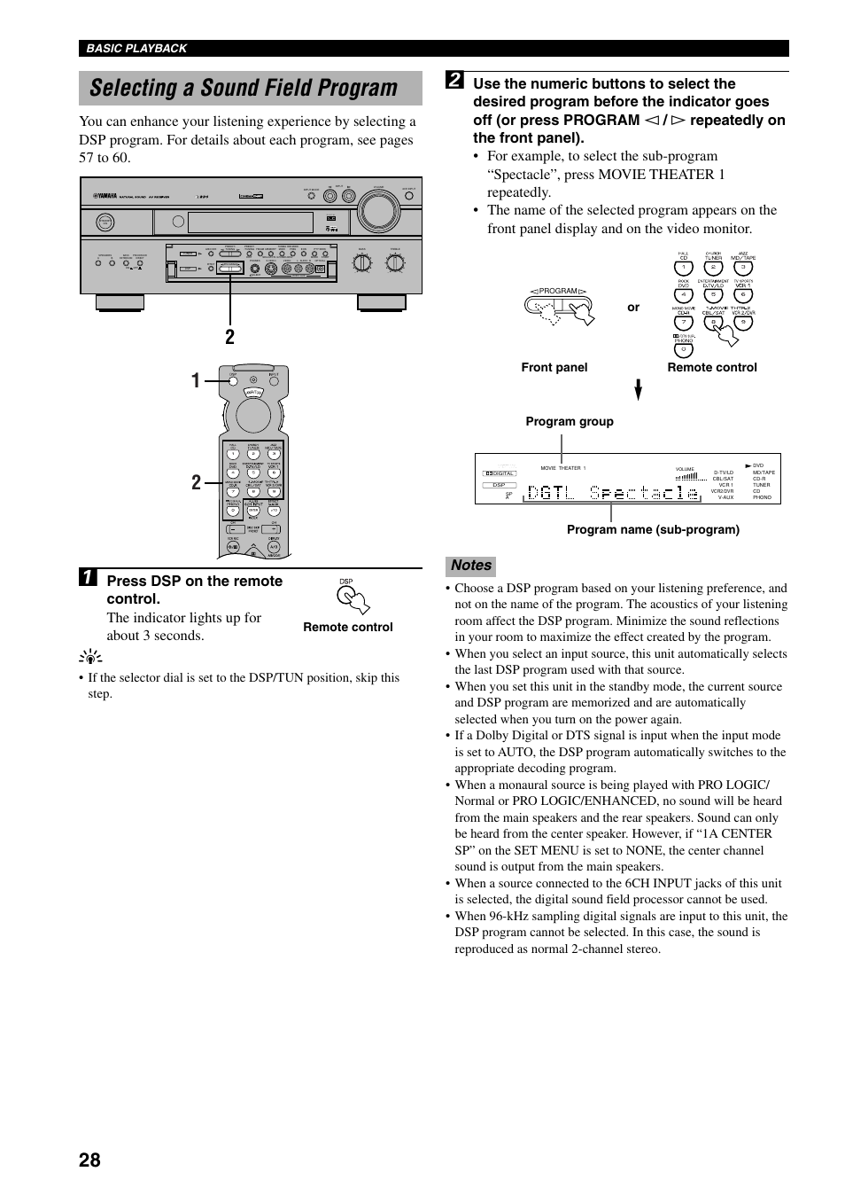 Selecting a sound field program, Basic playback, Remote control | Yamaha RX-V800RDS User Manual | Page 30 / 83