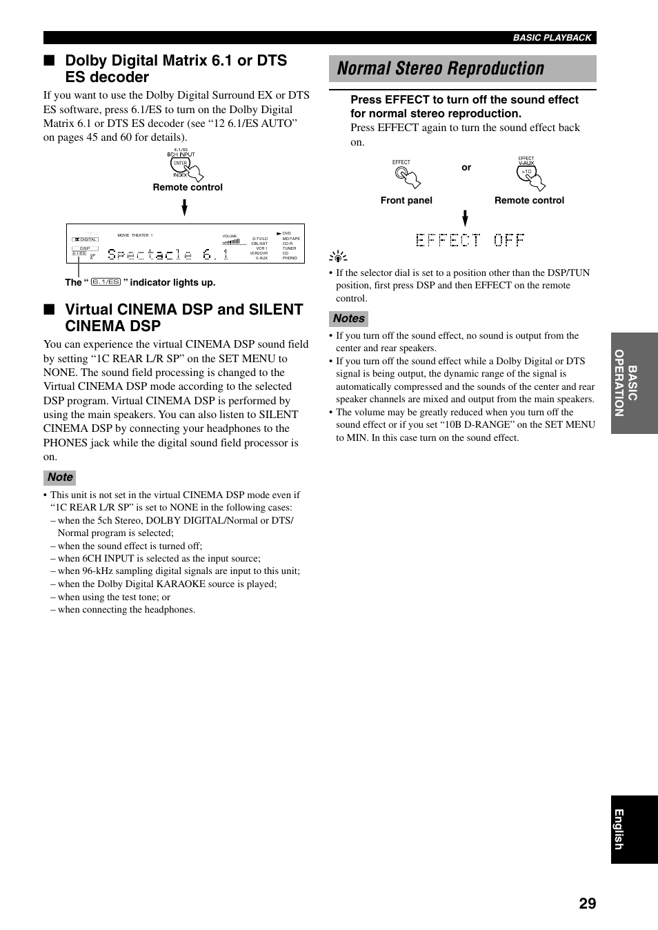 Normal stereo reproduction, Dolby digital matrix 6.1 or dts es decoder, Virtual cinema dsp and silent cinema dsp | Yamaha RX-V800RDS User Manual | Page 31 / 83