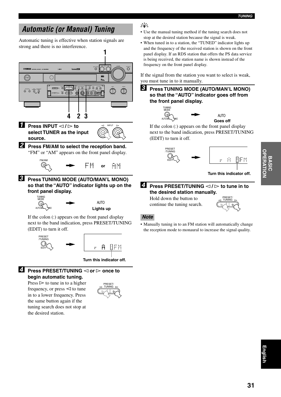 Automatic (or manual) tuning, Tuning, Auto goes off | Turn this indicator off, Auto lights up | Yamaha RX-V800RDS User Manual | Page 33 / 83