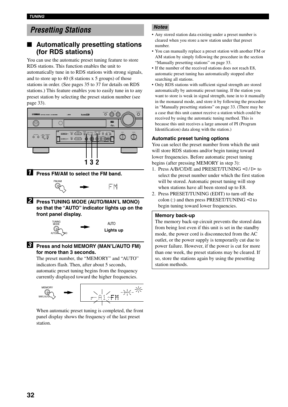 Presetting stations, Press fm/am to select the fm band, Tuning | Auto, Lights up | Yamaha RX-V800RDS User Manual | Page 34 / 83