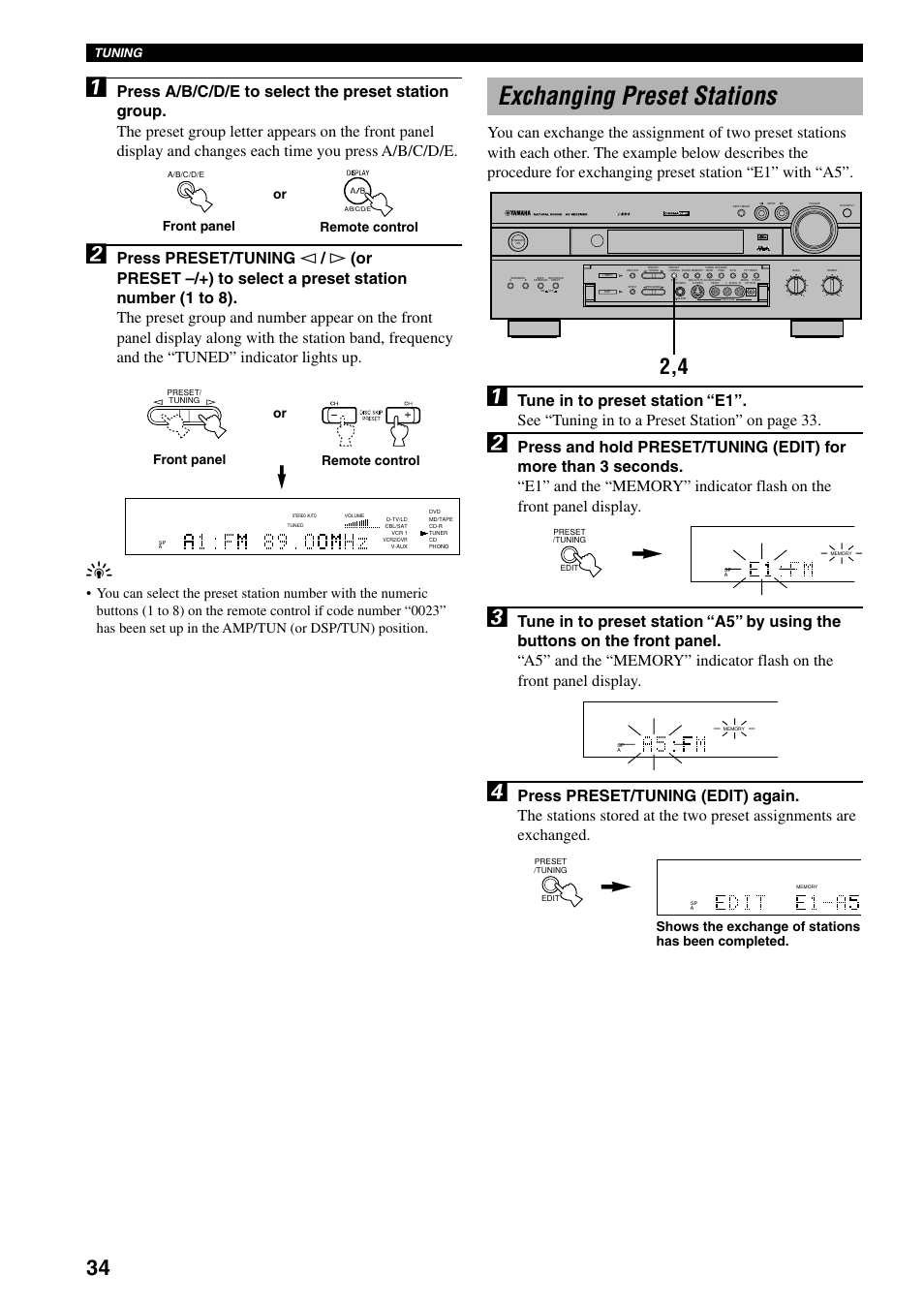 Exchanging preset stations, Tuning, Front panel or remote control | Shows the exchange of stations has been completed | Yamaha RX-V800RDS User Manual | Page 36 / 83