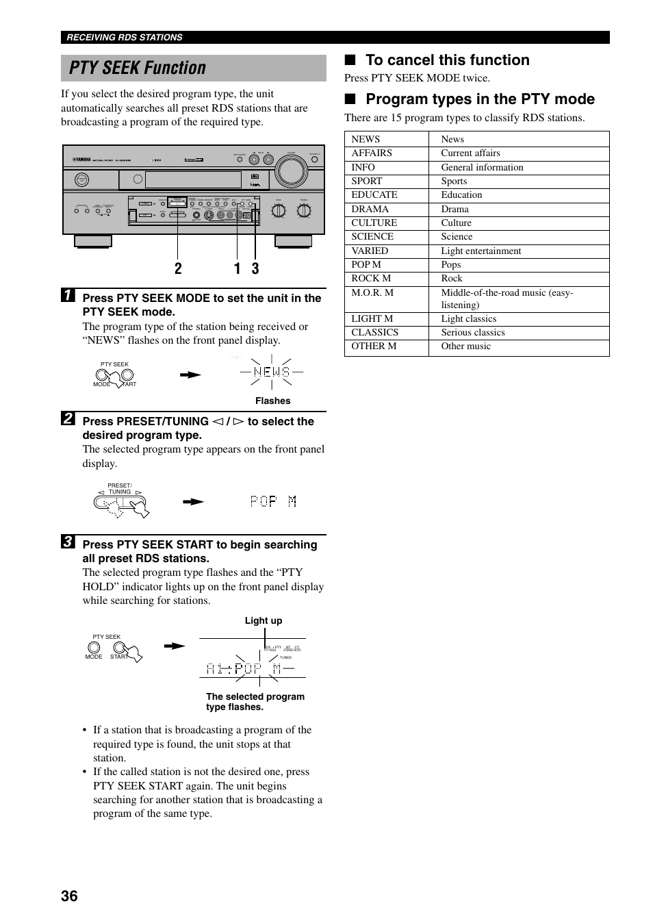 Pty seek function, Program types in the pty mode, Press pty seek mode twice | Receiving rds stations | Yamaha RX-V800RDS User Manual | Page 38 / 83