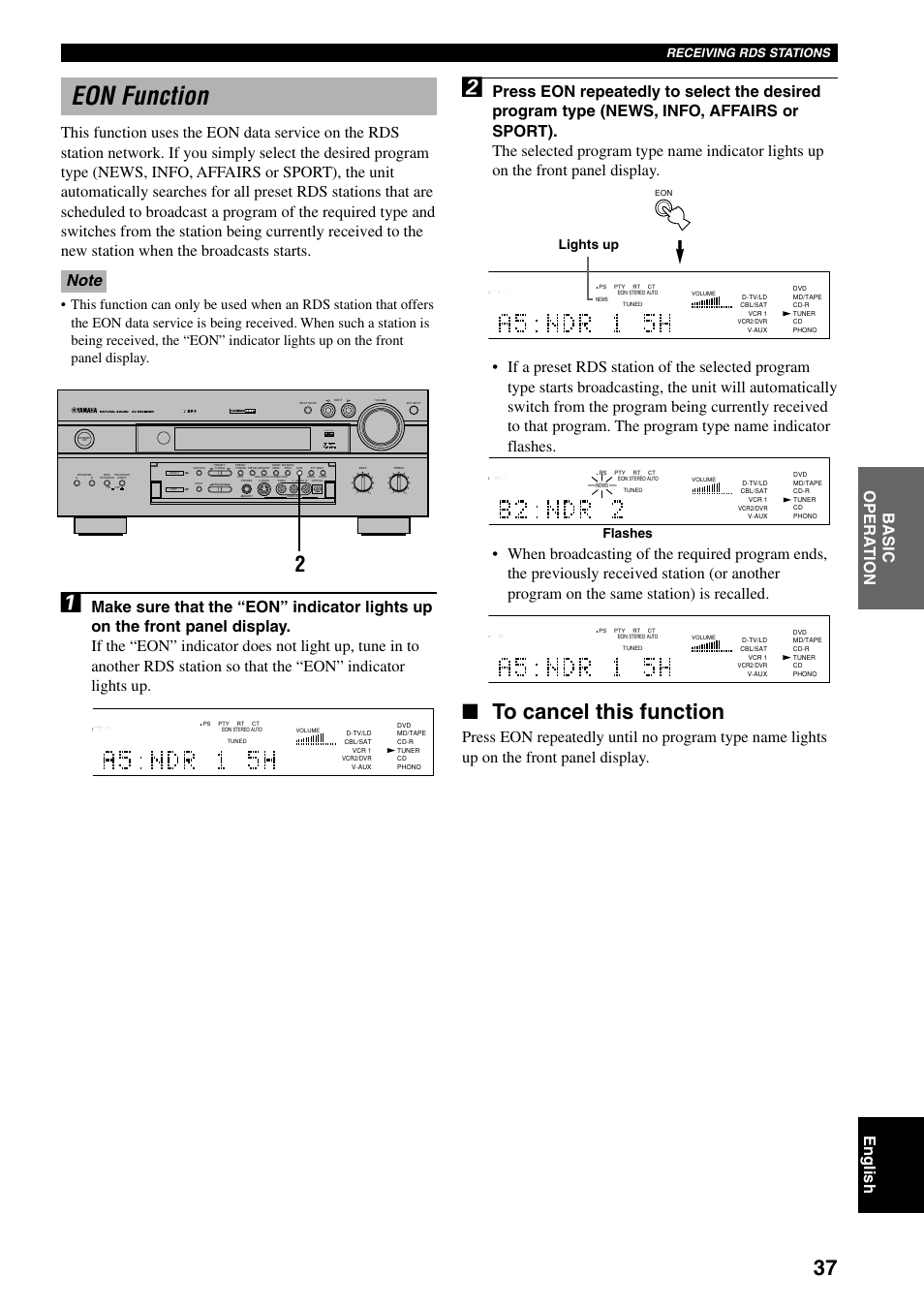 Eon function, Receiving rds stations, Lights up flashes | Yamaha RX-V800RDS User Manual | Page 39 / 83