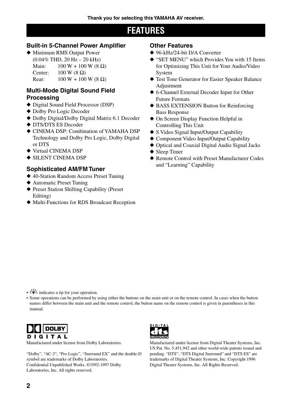 Features | Yamaha RX-V800RDS User Manual | Page 4 / 83