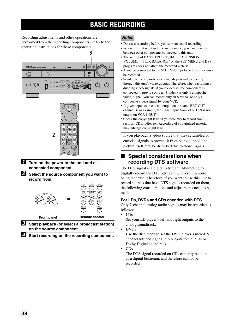 Basic recording, Special considerations when recording dts software, Start recording on the recording component | Front panel or remote control | Yamaha RX-V800RDS User Manual | Page 40 / 83