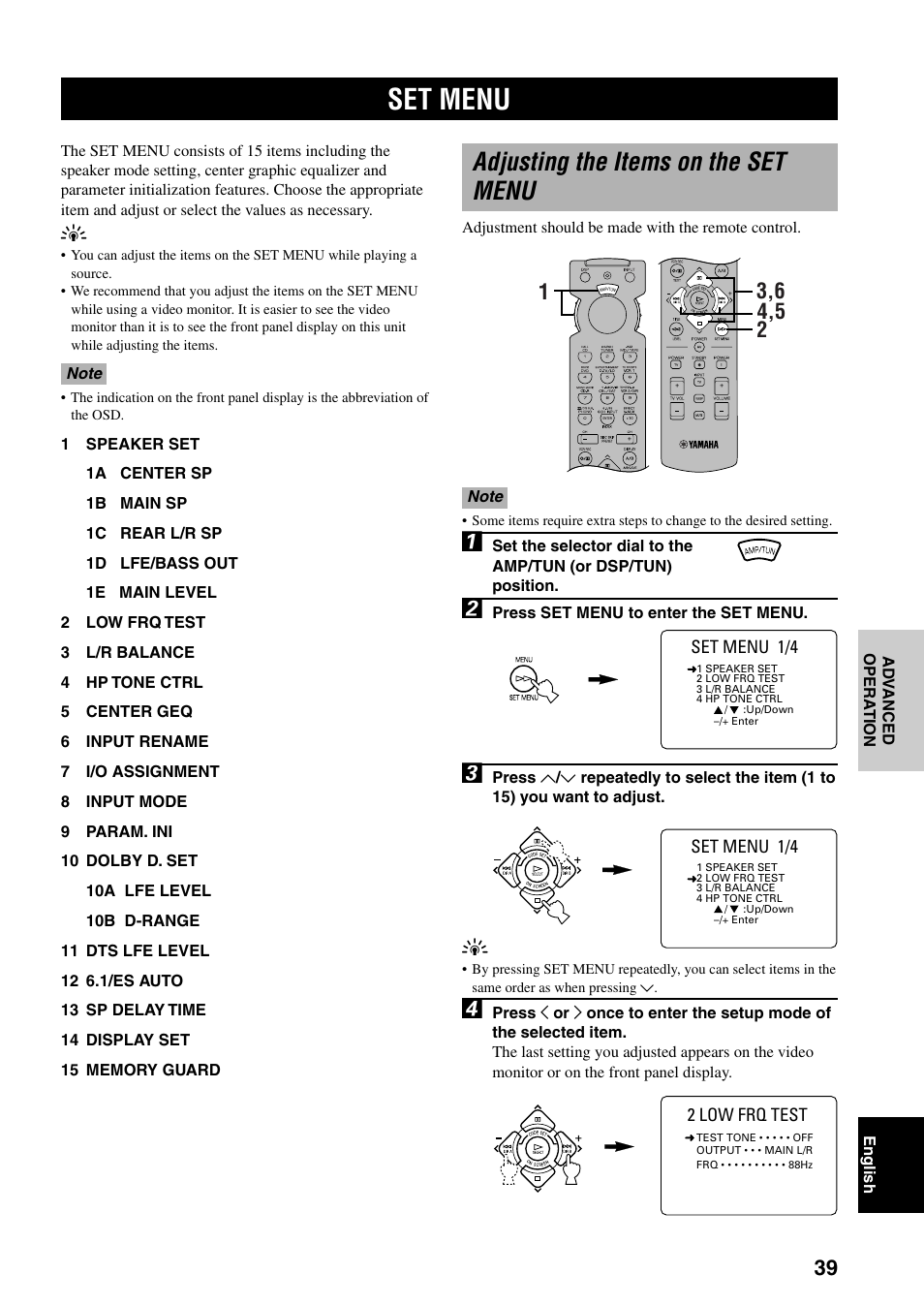 Advanced operation, Set menu, Adjusting the items on the set menu | Yamaha RX-V800RDS User Manual | Page 41 / 83