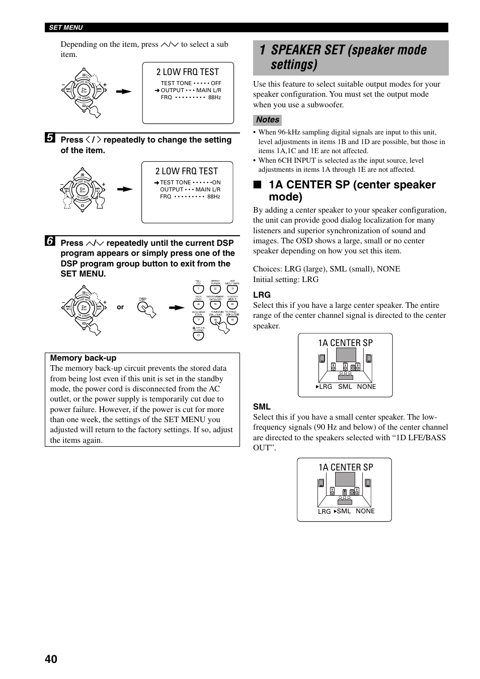 1 speaker set (speaker mode settings), 1a center sp (center speaker mode) | Yamaha RX-V800RDS User Manual | Page 42 / 83