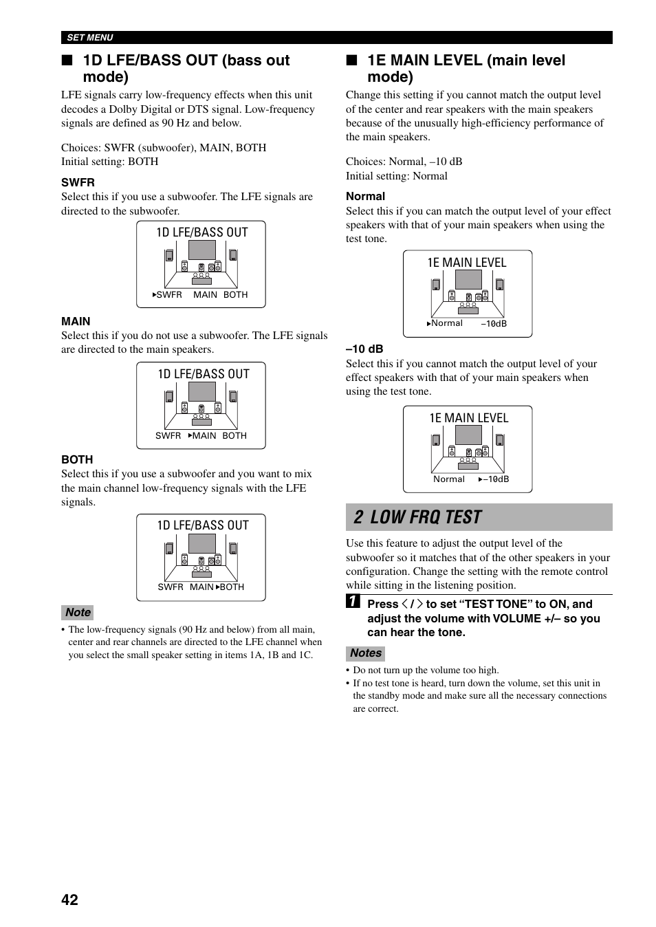 2 low frq test, 1d lfe/bass out (bass out mode), 1e main level (main level mode) | Yamaha RX-V800RDS User Manual | Page 44 / 83