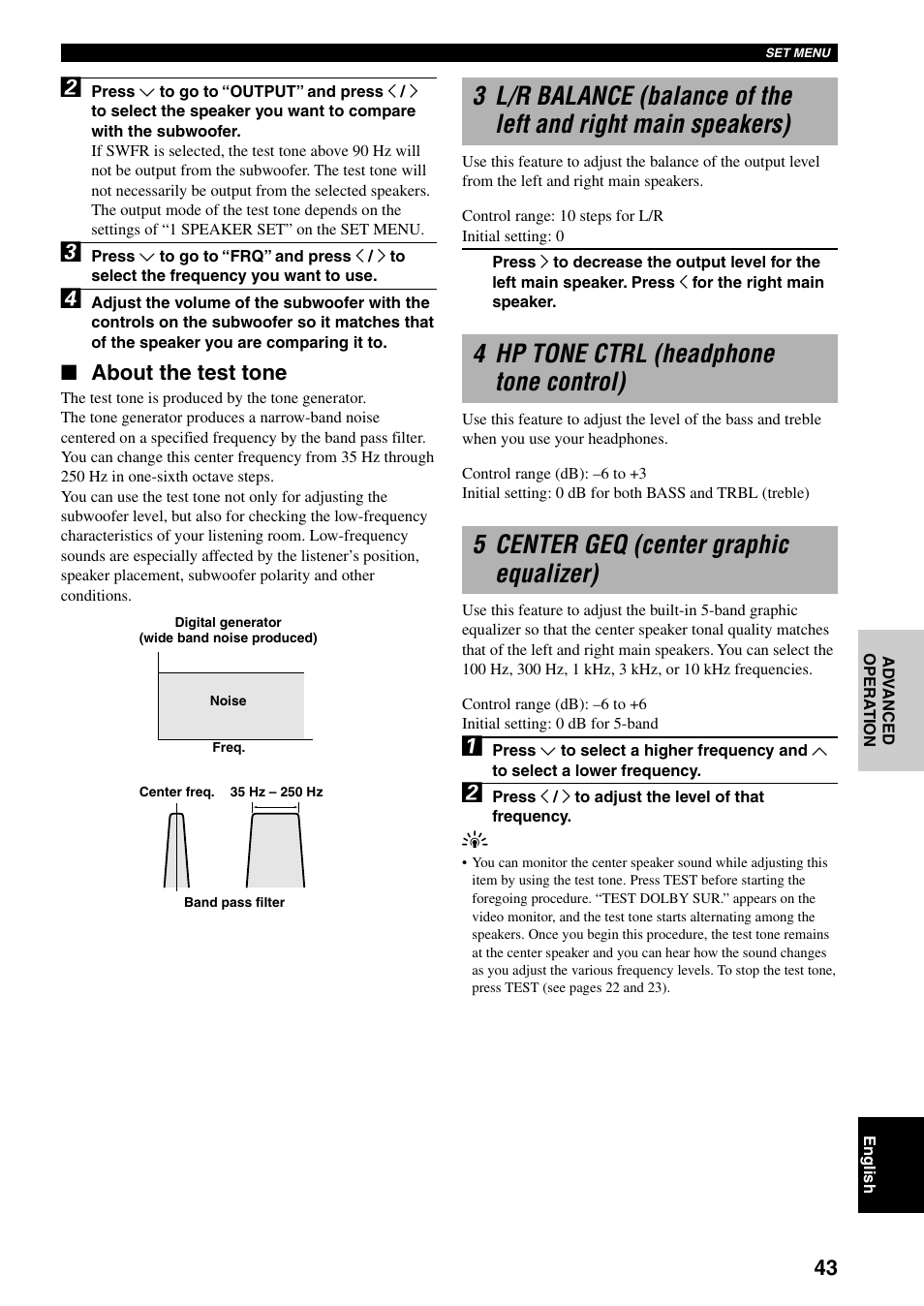 4 hp tone ctrl (headphone tone control), 5 center geq (center graphic equalizer), About the test tone | Yamaha RX-V800RDS User Manual | Page 45 / 83