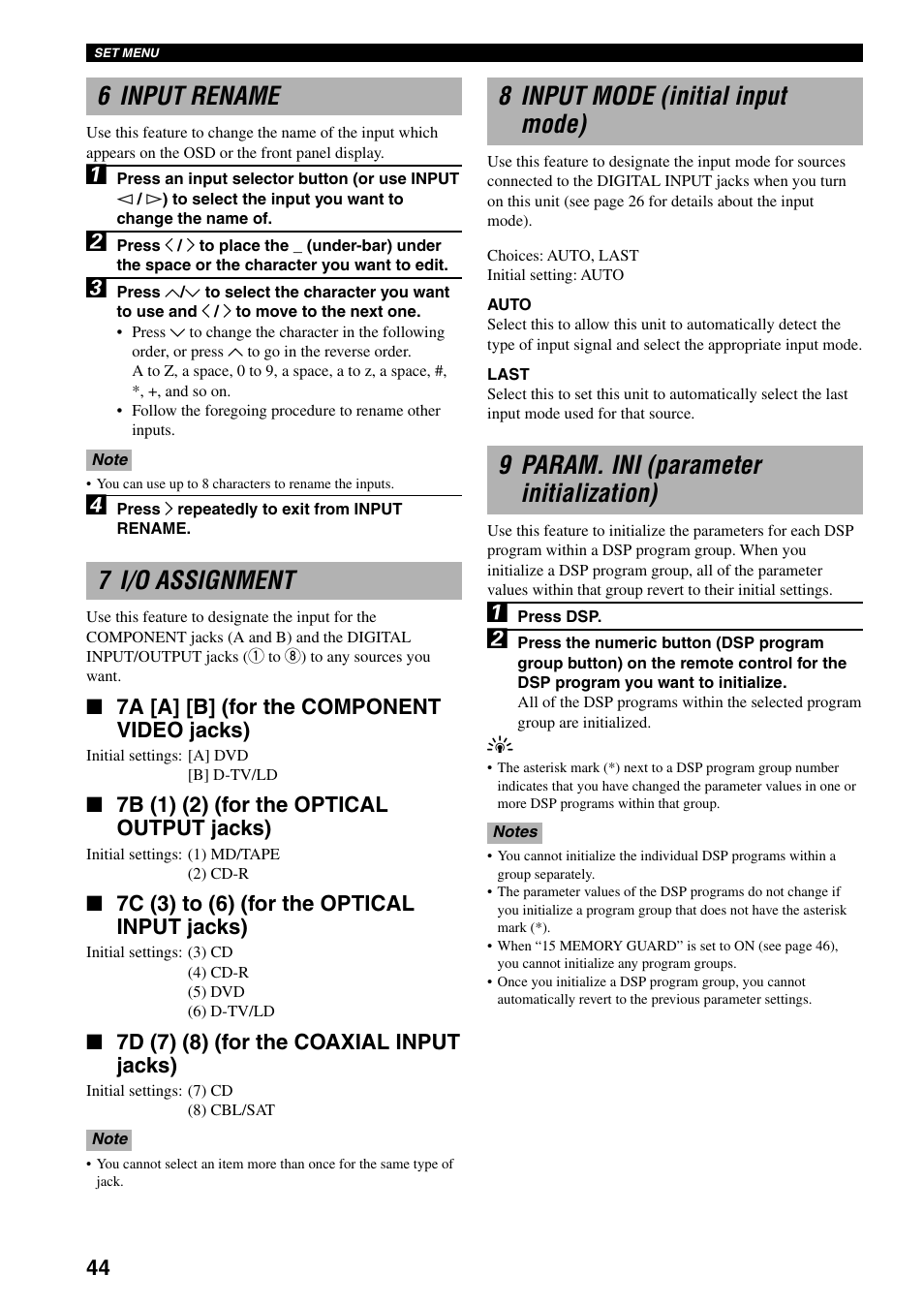 6 input rename, 7 i/o assignment, 8 input mode (initial input mode) | 9 param. ini (parameter initialization), 7a [a] [b] (for the component video jacks), 7b (1) (2) (for the optical output jacks), 7c (3) to (6) (for the optical input jacks), 7d (7) (8) (for the coaxial input jacks) | Yamaha RX-V800RDS User Manual | Page 46 / 83