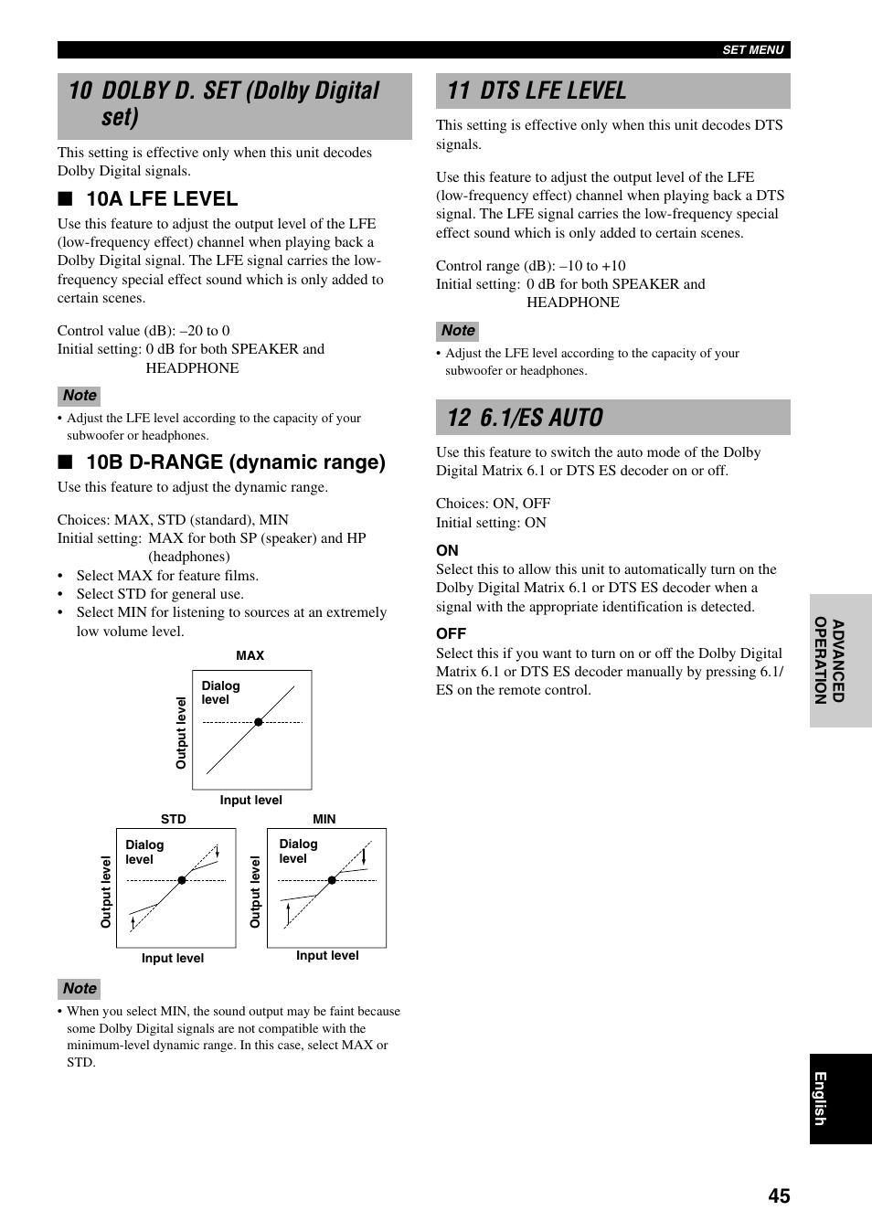 10 dolby d. set (dolby digital set), 11 dts lfe level, 12 6.1/es auto | 10a lfe level, 10b d-range (dynamic range) | Yamaha RX-V800RDS User Manual | Page 47 / 83