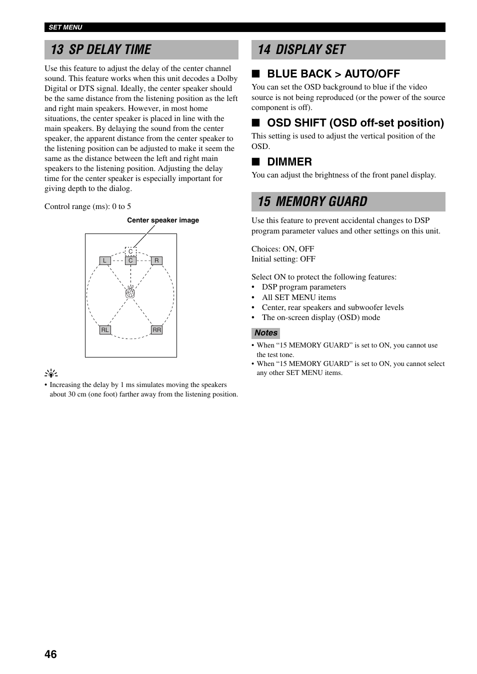 13 sp delay time, 14 display set, Blue back > auto/off | Osd shift (osd off-set position), Dimmer | Yamaha RX-V800RDS User Manual | Page 48 / 83