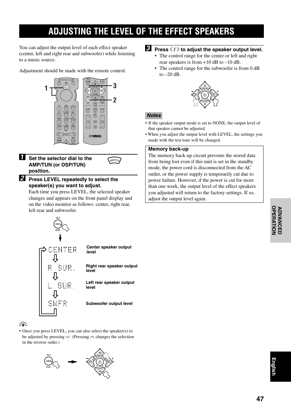 Adjusting the level of the effect speakers | Yamaha RX-V800RDS User Manual | Page 49 / 83