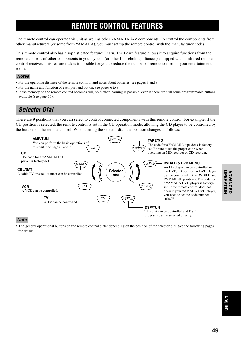 Remote control features, Selector dial | Yamaha RX-V800RDS User Manual | Page 51 / 83