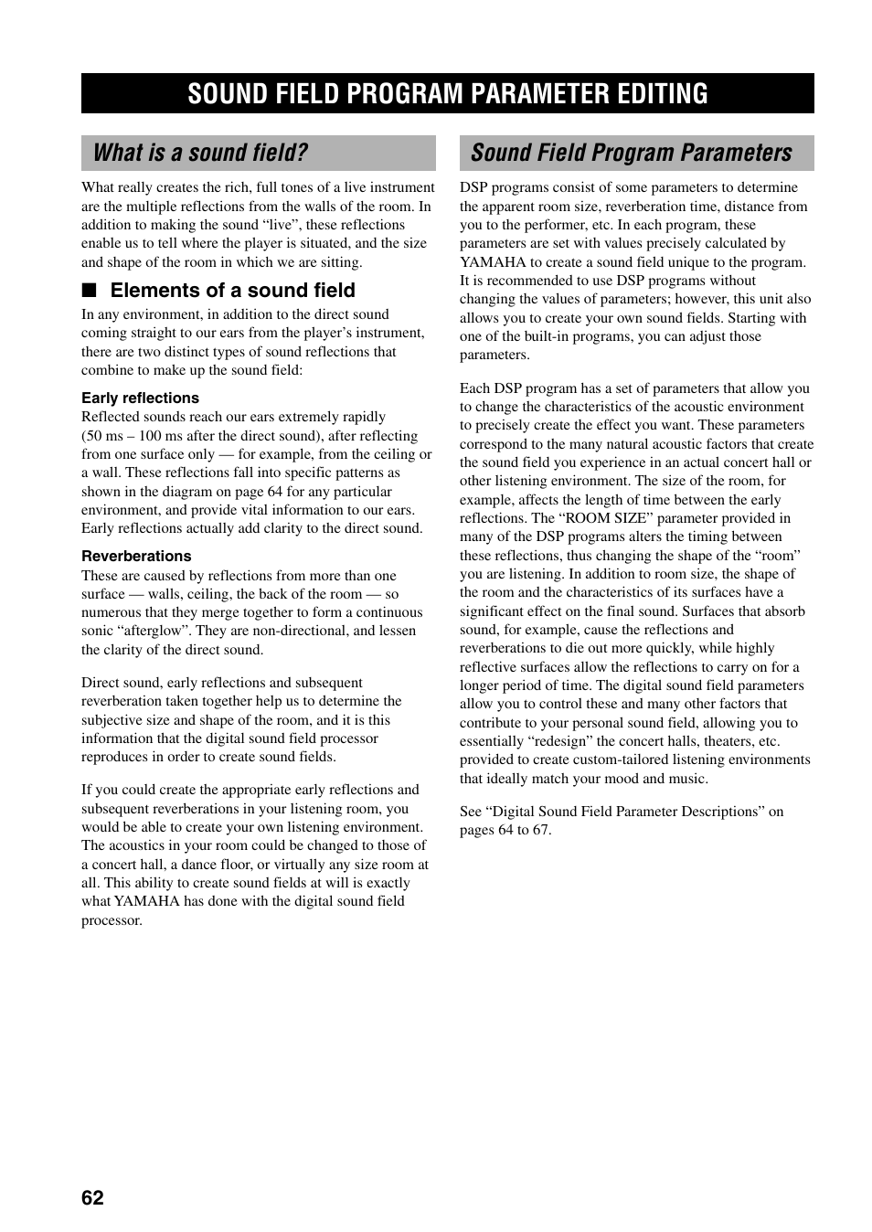 Sound field program parameter editing, What is a sound field, Sound field program parameters | Yamaha RX-V800RDS User Manual | Page 64 / 83