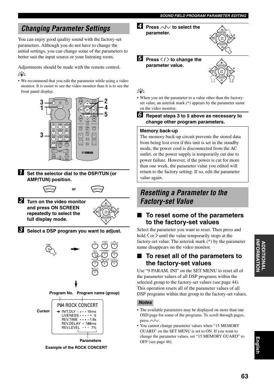 Changing parameter settings, Resetting a parameter to the factory-set value | Yamaha RX-V800RDS User Manual | Page 65 / 83