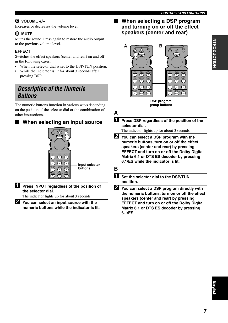 Description of the numeric buttons, When selecting an input source | Yamaha RX-V800RDS User Manual | Page 9 / 83