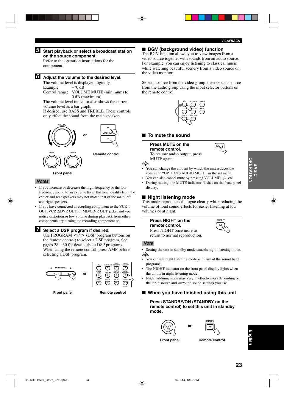 Bgv (background video) function, Night listening mode, When you have finished using this unit | English, Basic opera tion | Yamaha HTR-5660 User Manual | Page 27 / 68