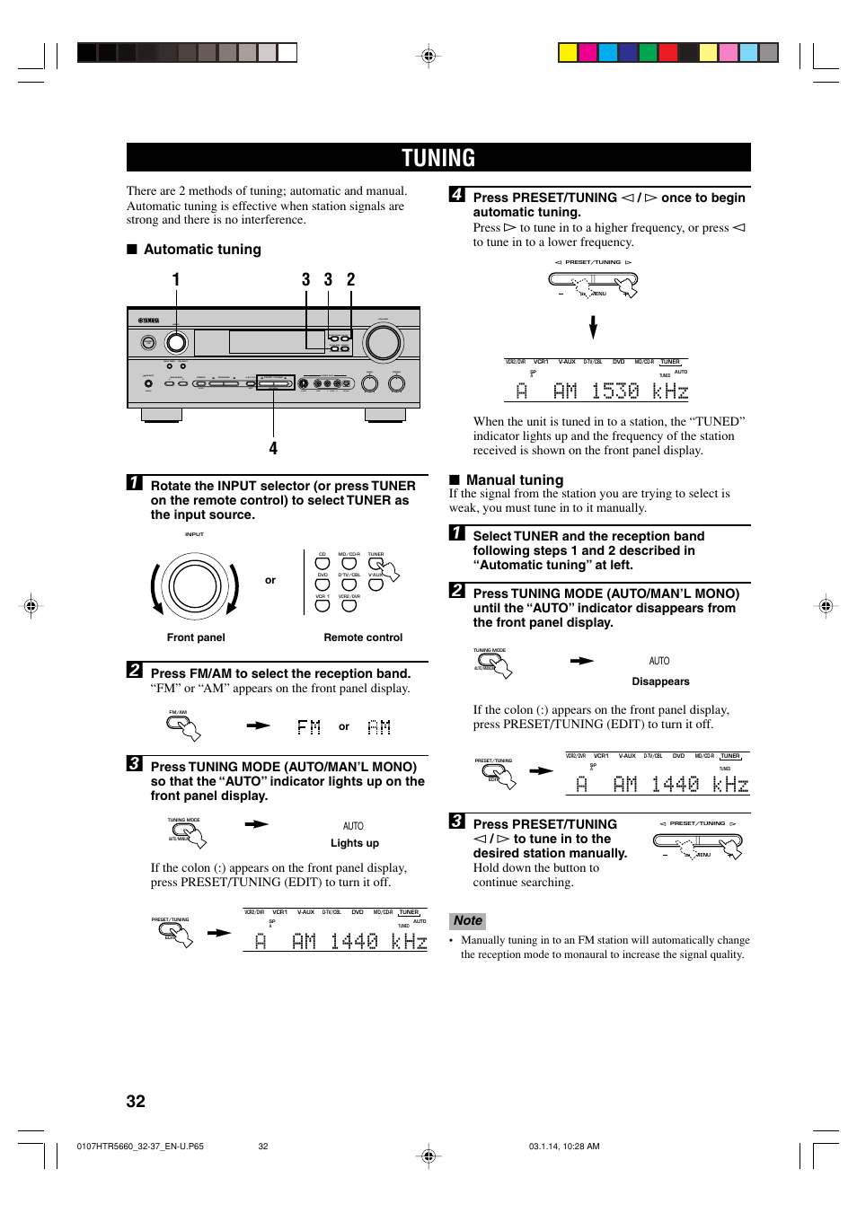 Tuning, Aam 1440 khz, Aam 1530 khz | Manual tuning, Automatic tuning | Yamaha HTR-5660 User Manual | Page 36 / 68